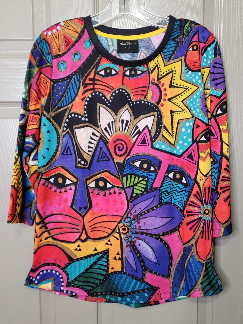 Laurel Burch Vibrant Multicolor Graphic Cat Print Women's Top Size Large